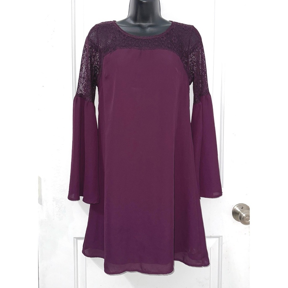 Charlotte Russe purple shift dress with lace inlet bell sleeves